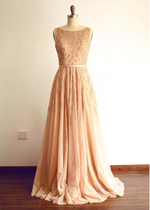 Beaded Dark Champagne Tulle Sheer Back Bling Bling Sexy Prom Dress